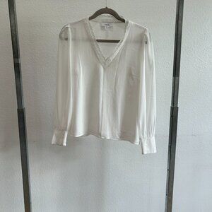NWOT XS Cece White long sleeve blouse with scalloped sleeves